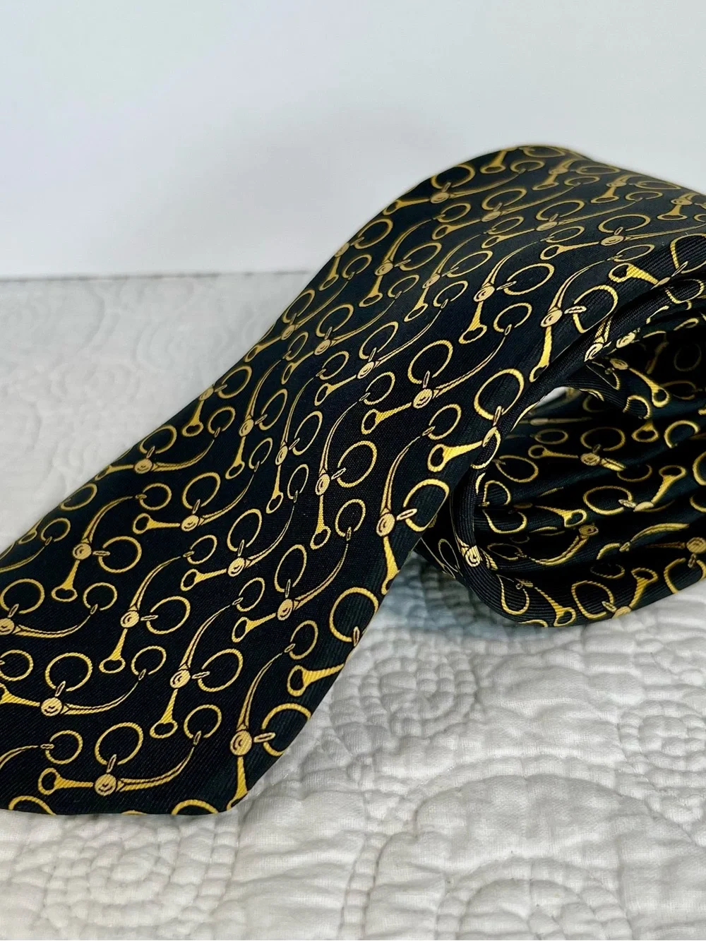 Vintage Hermès Silk Tie 643 TA Black Gold Horsebit Equestrian Scarf Print France